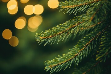 Poster - Close-up of a Pine Tree Branch with Blurred Golden Lights in the Background