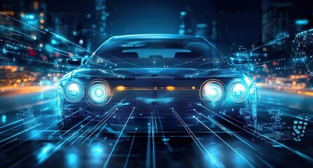 Poster - Digital background featuring an illustration of car headlights surrounded by blue digital lines and graphs