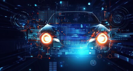 Poster - Digital background featuring an illustration of car headlights surrounded by blue digital lines and graphs