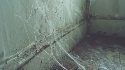 Spiderweb on wood floor near window