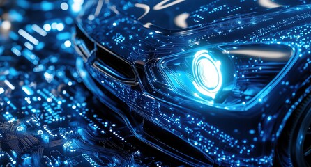 Poster - Abstract blue background with car headlight and digital circuit board