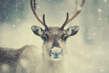 Sticker - A Close-Up Portrait of a Reindeer in a Snowy Forest