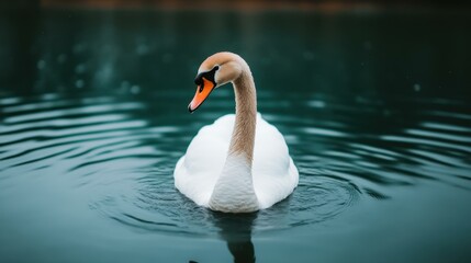 Sticker - A graceful swan glides smoothly over the pond, creating ripples in the serene water, surrounded by a soft, blurred backdrop.