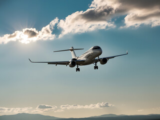 a plane a plane is flying in the sky with mountains in the background.is flying in the sky with the sun behind it.