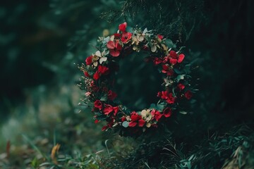 Poster - A Circular Wreath of Red Flowers Hanging in a Forest