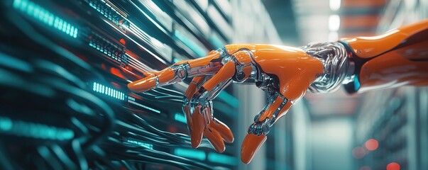 Poster - Close-up of an orange robot hand reaching out to touch data cables in the server room