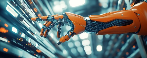 Poster - Close-up of an orange robot hand reaching out to touch data cables in the server room