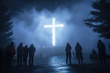 Wall Mural - cross on the hill surrounded by fog