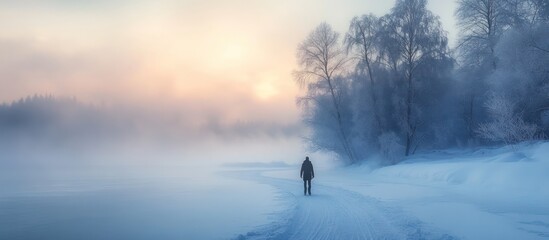 Sticker - A lone figure walks on a snowy path through a foggy forest at sunrise.