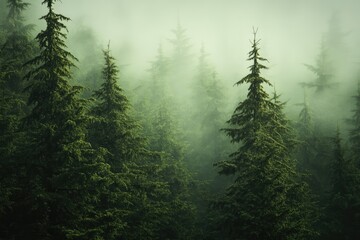 Wall Mural - Tall Evergreen Trees Enveloped in Mist