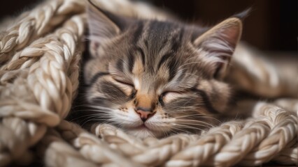 Wall Mural - The kitten is sleeping under a blanket. The photo was taken using artificial intelligence technology.