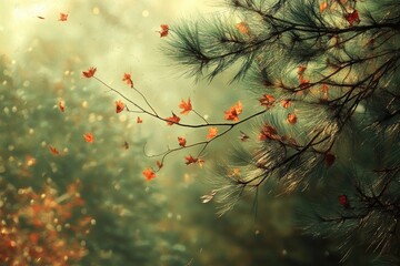 Poster - A Branch of Pine Needles with Falling Autumn Leaves