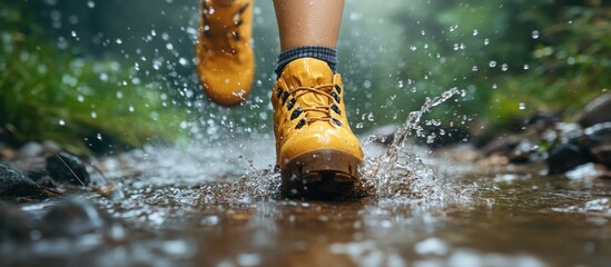 Canvas Print - Closeup of yellow hiking boots splashing in a creek.