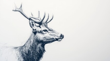 Wall Mural - pen and ink sketch, head of deer with full antlers, white background