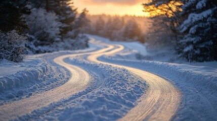 A snow-covered road winds through a mountainous landscape, lit by the sun, conveying a refreshing winter atmosphere. Snow covers the road and the surrounding area.