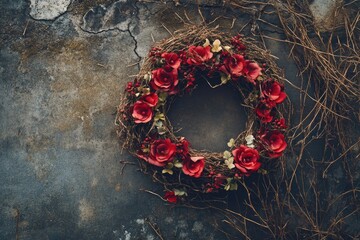 Wall Mural - Red Rose Wreath on a Weathered Stone Background