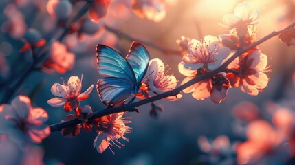 Butterfly on a branch of pink blossoms at sunset