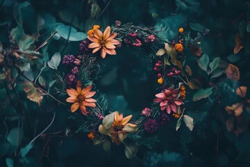 Wall Mural - A Rustic Floral Wreath Adorned with Dried Flowers and Berries