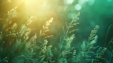 Canvas Print - Sunlit grass blades in a green forest