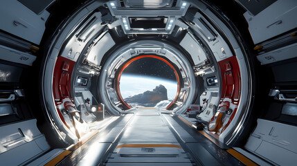 Wall Mural - Futuristic space station or spaceship interior corridor. science fiction concept 3d rendering. Spaceship Interior. Illustration