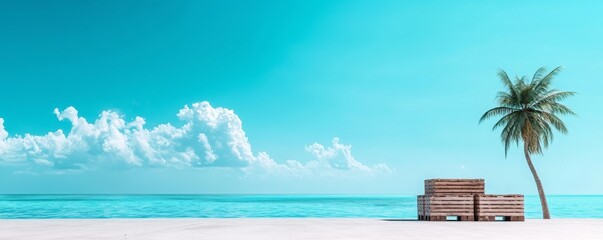 Supplies Unloading on Tropical Beach with Palms and Cloudy Sky