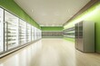 © aminsmart - modern empty big refrigerator showcase in a green and cream supermarket with elegant wooden floor