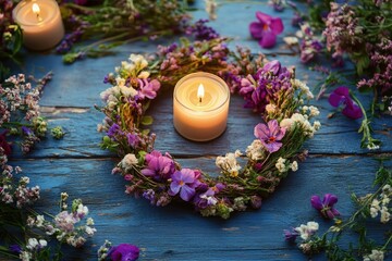 Canvas Print - A Lit Candle Surrounded by a Wreath of Wildflowers on a Blue Wooden Surface