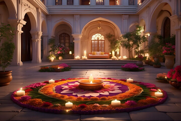 High detail image of Diwali Altar with Food Offerings and Diyas