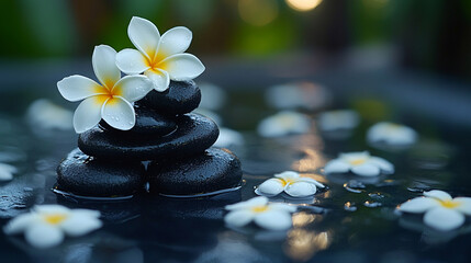 Wall Mural - balanced stack of smooth black stones with white plumeria flowers symbolizes harmony, tranquility, and inner peace, often associated with meditation, spiritual balance, and nature's serenity