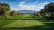 © sknab - Golfer's View from Tee Box: Long Fairway with Majestic Mountain Background