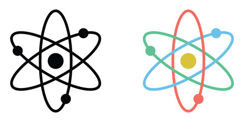 Atom vector icon set. Black and colorful Atom symbol. Nuclear physics. Three electrons rotate in orbits around the atomic nucleus.