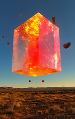 Canvas Print - A floating red and raw diamond suspended in the air above a desert landscape at night