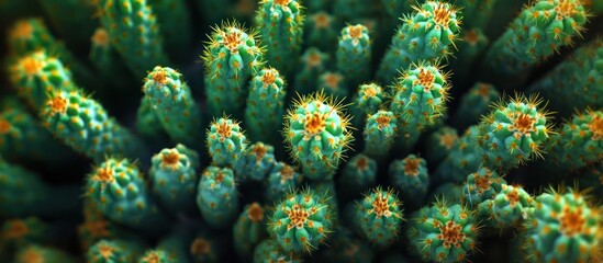 Sticker - A close-up shot of a cactus plant with green, spiky stems and yellow flowers.