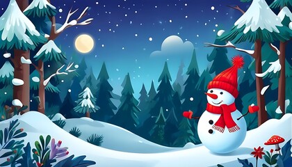 Christmas Card with Snowman Design in a Forest Night Scene