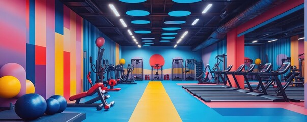 Low-angle view of a vibrant pop art gym, filled with colorful fitness equipment and energetic figures, bold patterns, dynamic movement