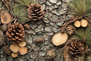 Poster - Pine Cones, Tree Bark, and Branches