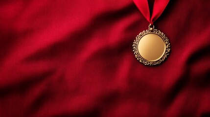 A gold medal hangs from a red ribbon, resting on a rich red fabric background, symbolizing achievement and excellence.