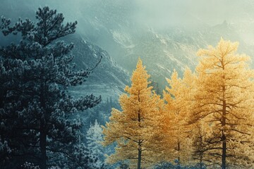 Sticker - A Misty Mountain Landscape with a Contrast of Dark and Golden Trees