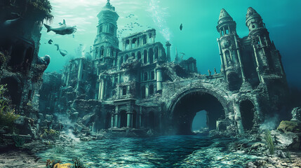 ruined great underwater kingdom , lost atlantis kingdom. underwater city. illustration