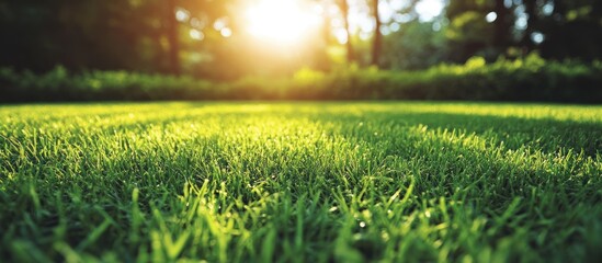 Sticker - A close up view of lush green grass with the sun shining through the trees in the background.