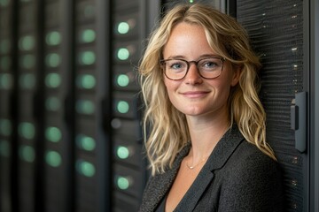 Woman with Glasses Smiling in Server Room