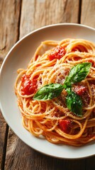 A delicious plate of spaghetti topped with fresh tomatoes and basil, perfect for Italian cuisine lovers.