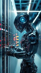 Poster - A futuristic robot interacting with a data server, showcasing advanced technology and artificial intelligence in a modern setting.