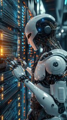Poster - A futuristic robot interacting with a high-tech server, showcasing advanced technology and artificial intelligence in data management.