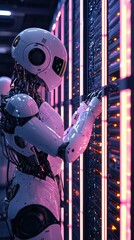 Poster - A futuristic robot interacting with a server, showcasing advanced technology and modern design in a vibrant digital environment.