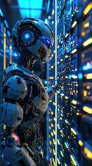 Poster - A futuristic robot interacting with a vibrant data server, showcasing advanced technology and digital interaction.
