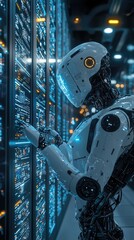 Poster - A futuristic robot interacting with data servers in a high-tech environment, showcasing advanced technology and artificial intelligence.