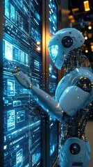 Poster - A futuristic robot interacting with glowing digital displays showcasing advanced technology and artificial intelligence.