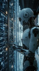 Poster - A futuristic robot interacts with a digital interface in a high-tech environment, showcasing advanced technology and design.
