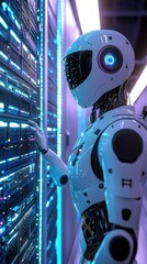 Poster - A futuristic robot interacts with a glowing data center, showcasing advanced technology and digital innovation.